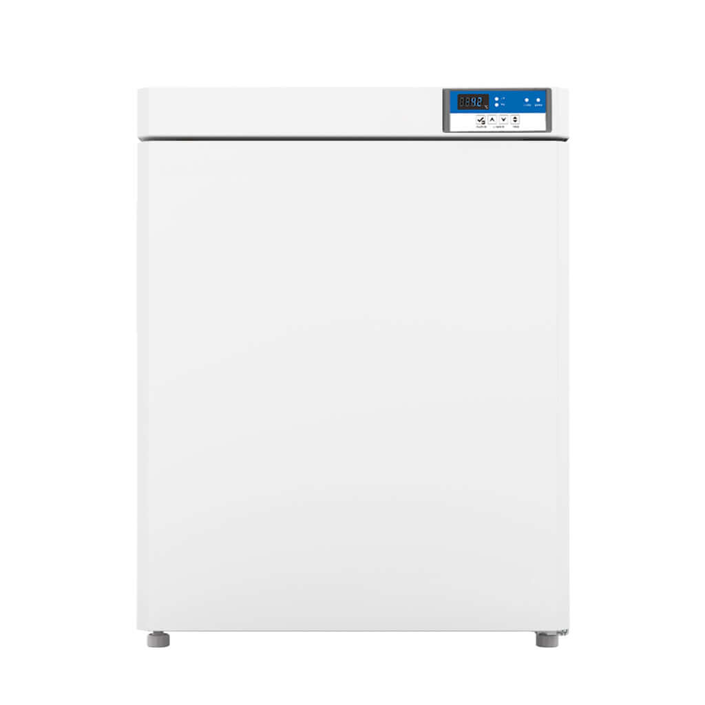 A white rectangular under counter medical freezer with buttons, shelves, and a lock. Kings Bottle -20~-40°C Ultra Low Temperature 90L.