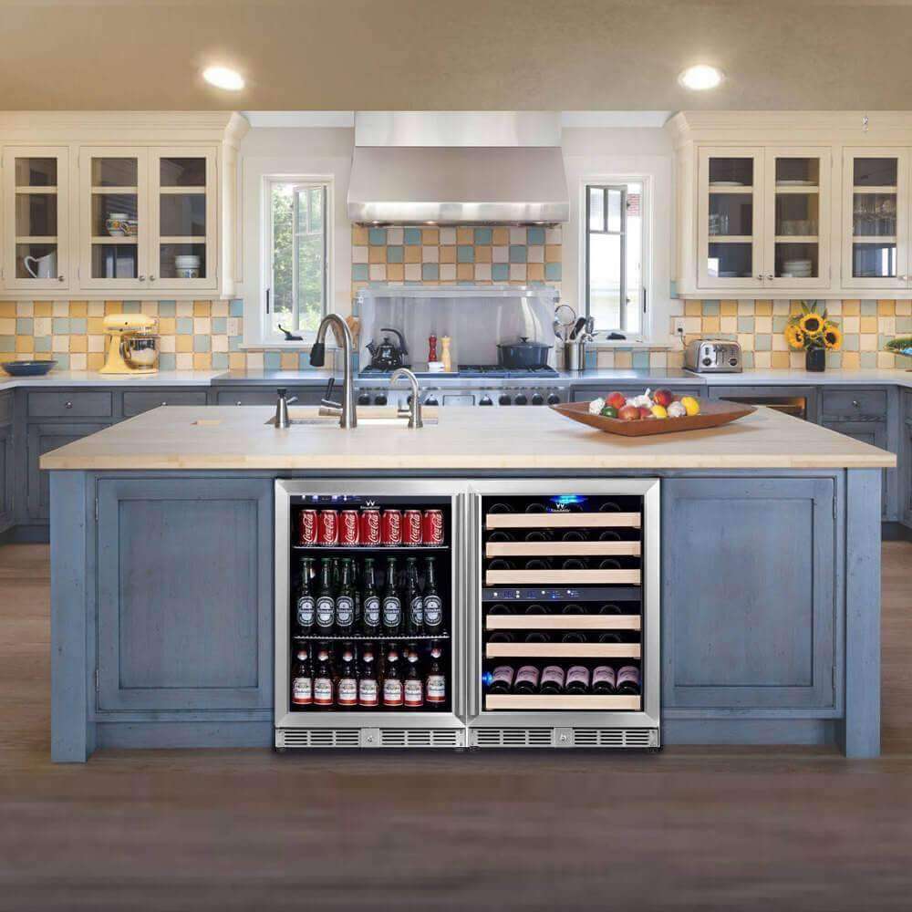 A kitchen with a large island featuring a Kings Bottle 48" Glass Door Wine & Beverage Fridge Triple Zone Center Built In, stocked with bottles of beer and other beverages.