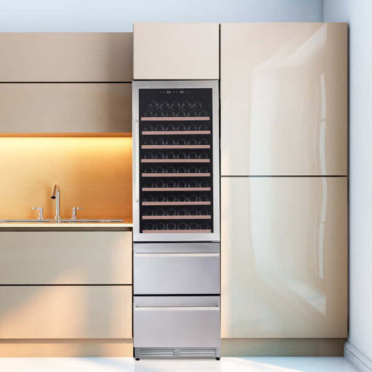 Avanti 108 Bottle Elite Series Dual Zone Wine Cooler with 2-Drawer Beverage Center - front view with door closed with background