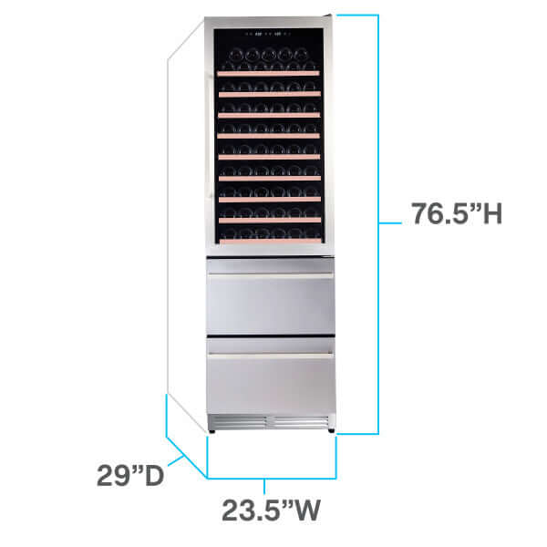 Avanti 108 Bottle Elite Series Dual Zone Wine Cooler with 2-Drawer Beverage Center - front view with dimensions