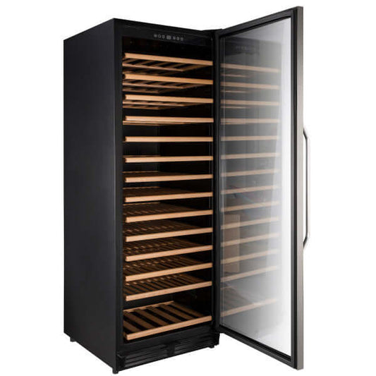 Avanti 149 Bottle Freestanding Wine Cooler with Wood Accent Shelving - front view with door open