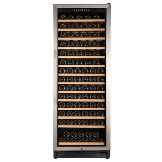 Avanti 149 Bottle Freestanding Wine Cooler with Wood Accent Shelving - front view with door closed