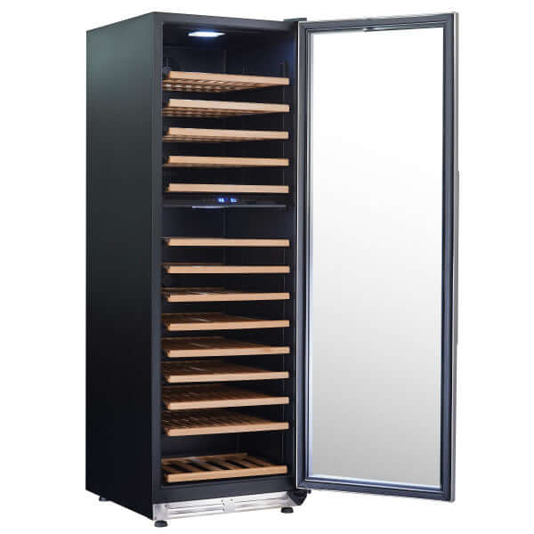 Avanti 154 Bottle Designer Series Dual Zone Wine Cooler - side view with door open