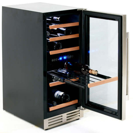 Avanti 28 Bottle Designer Series Wine Cooler with Wood Accent Shelving - front view door open