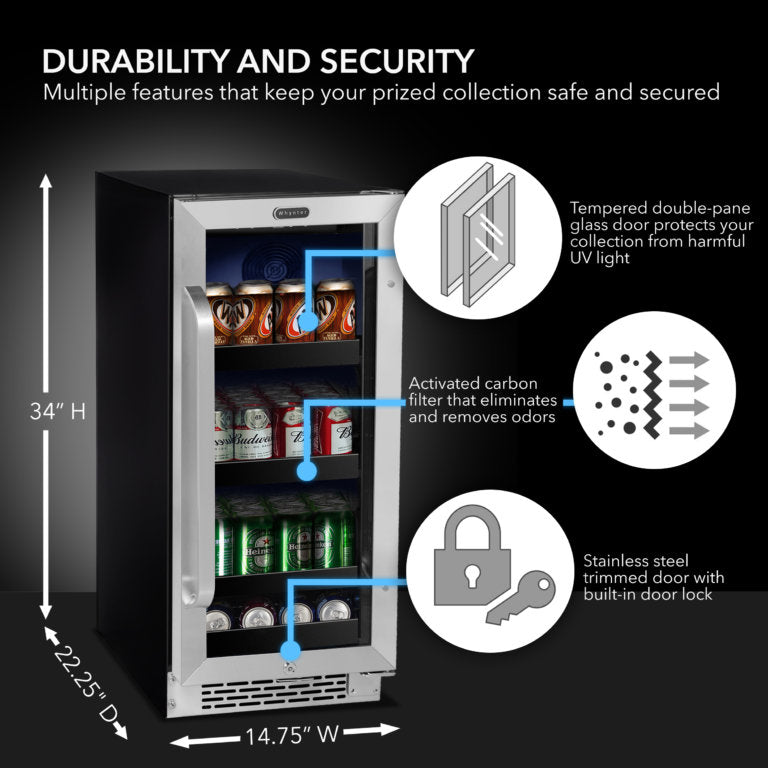 Whynter BBR-838SB 15″ Built-In 112 Can Undercounter Stainless Steel Beverage Refrigerator cooler with Reversible Door, Digital Control, Lock and Carbon Filter