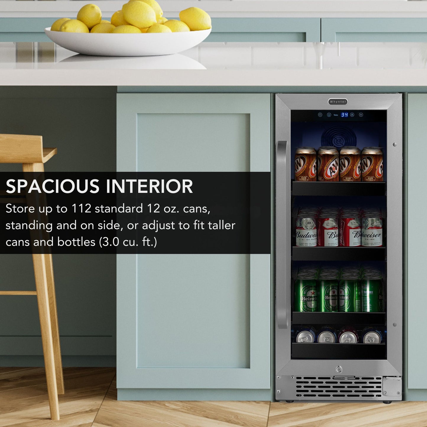 Whynter BBR-838SB 15″ Built-In 112 Can Undercounter Stainless Steel Beverage Refrigerator cooler with Reversible Door, Digital Control, Lock and Carbon Filter