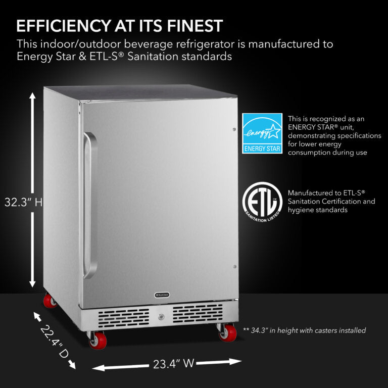 Whynter BOR-53024-SSW/BOR-53024-SSWa 24″ Built-In Energy Star 5.3 cu. ft. Indoor/Outdoor Beverage Refrigerator Cooler Weather Proof in Stainless Steel with Lock and Optional Caster Wheels