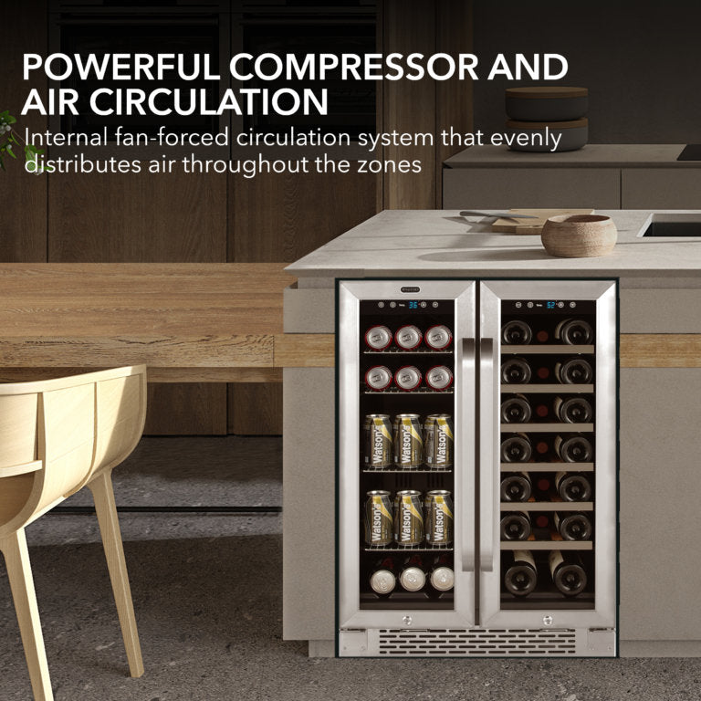 Whynter BWB-2060FDS/BWB-2060FDSa 24″ Built-In French Door Dual Zone 20 Bottle Wine Refrigerator 69 Can Beverage Center