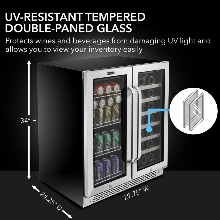 Whynter BWB-3388FDS/BWB-3388FDSa 30″ Built-In French Door Dual Zone 33 Bottle Wine Refrigerator 112 Can Beverage Center