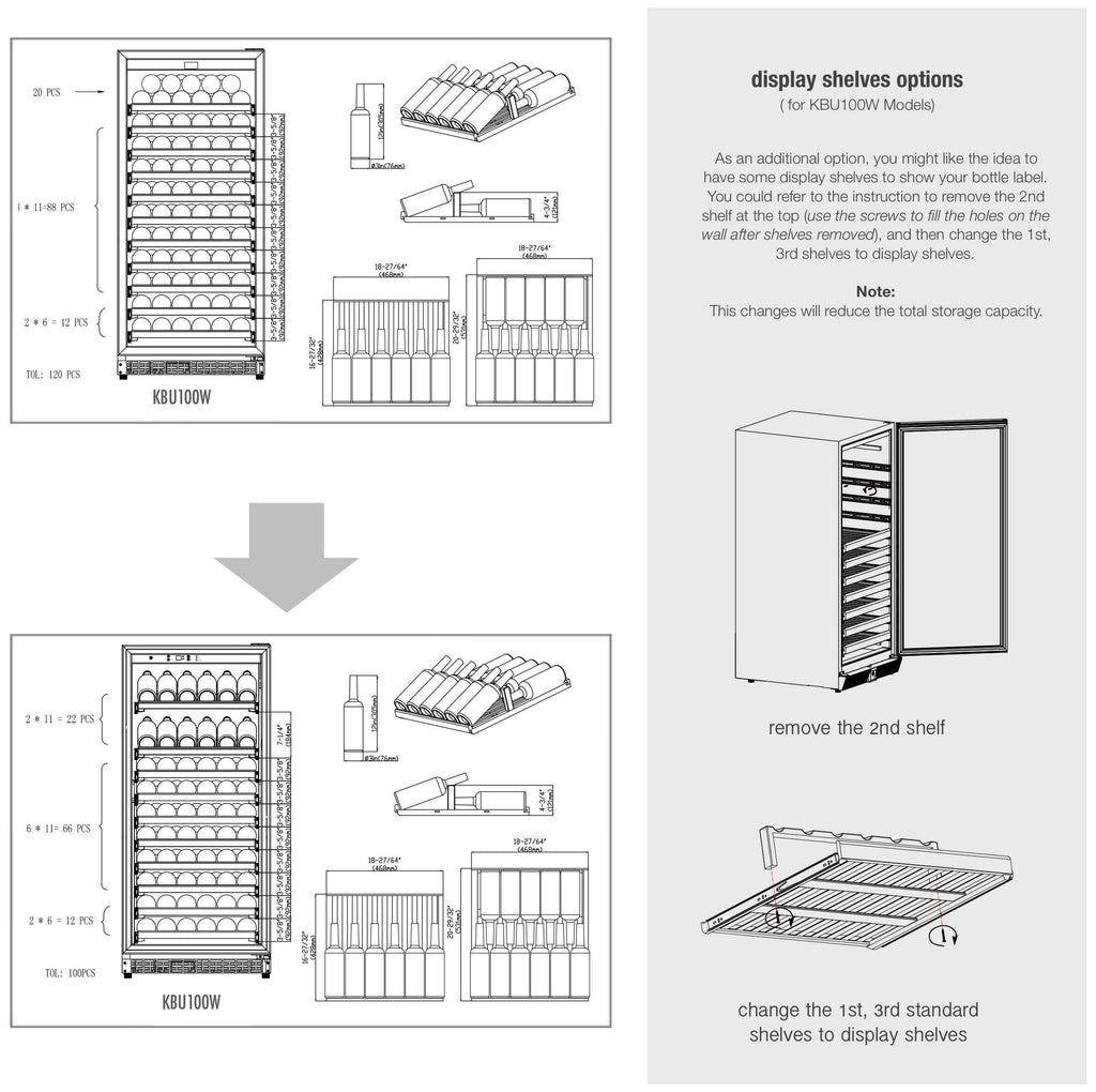A diagram of a display shelf with a wine cooler, shelves, rollers, and rolls of paper.
