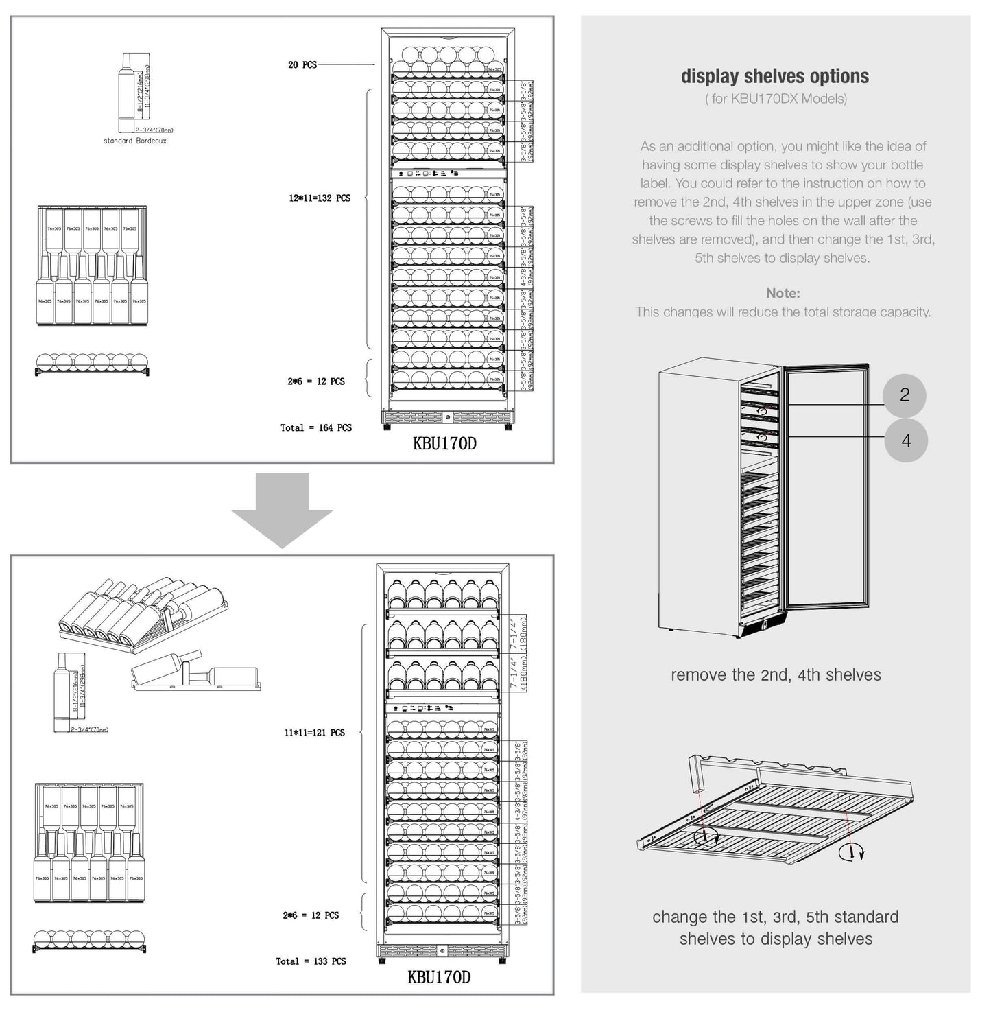 A diagram of a display rack with a wine cooler showcasing Kings Bottle Tall Large Wine Refrigerator With Glass Door.