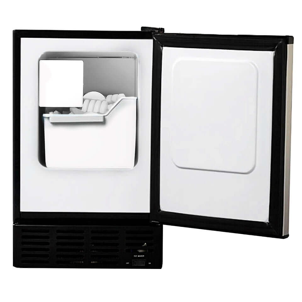 A stainless steel built-in ice maker with a sleek black cabinet and a stylish design. It makes 12 lbs of crescent-shaped ice in 24 hours and can store 6 lbs of ice. Perfect for any modern kitchen and bar area.