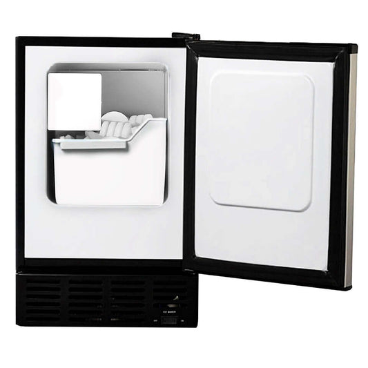 A stainless steel built-in ice maker with a sleek black cabinet and a stylish design. It makes 12 lbs of crescent-shaped ice in 24 hours and can store 6 lbs of ice. Perfect for any modern kitchen and bar area.