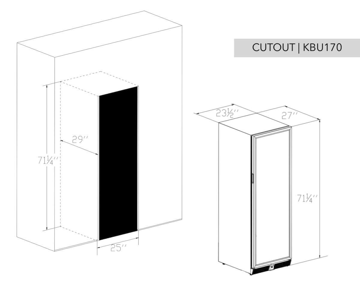 A drawing of a tall dual temperature wine cooler with a glass door and beech wood shelves, holding 164 bottles of wine.