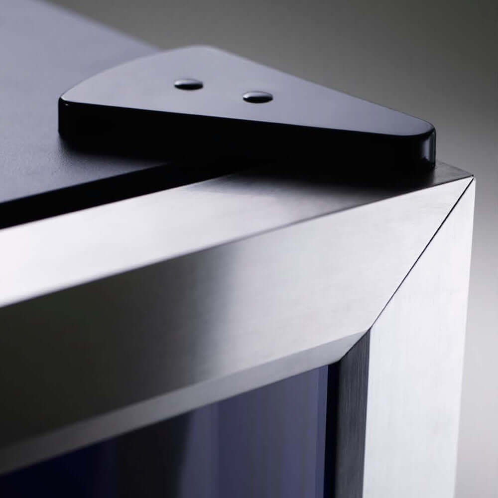 A black, single-zone 100 bottle wine cooler with hardwood shelves, LED lighting, and a reversible tempered glass door.