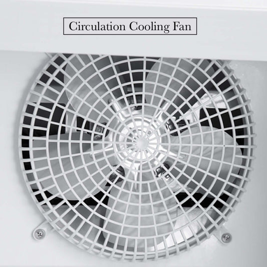 A white fan with a circular mesh, a close-up of a fan.