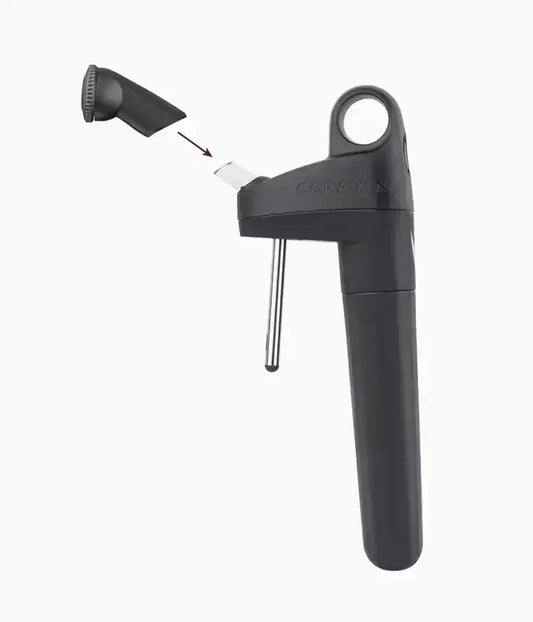 Coravin Pivot™ Aerator: A black device with a handle, designed for use with Pivot Wine Preservation Systems, aerating wine as you pour for enhanced flavor.