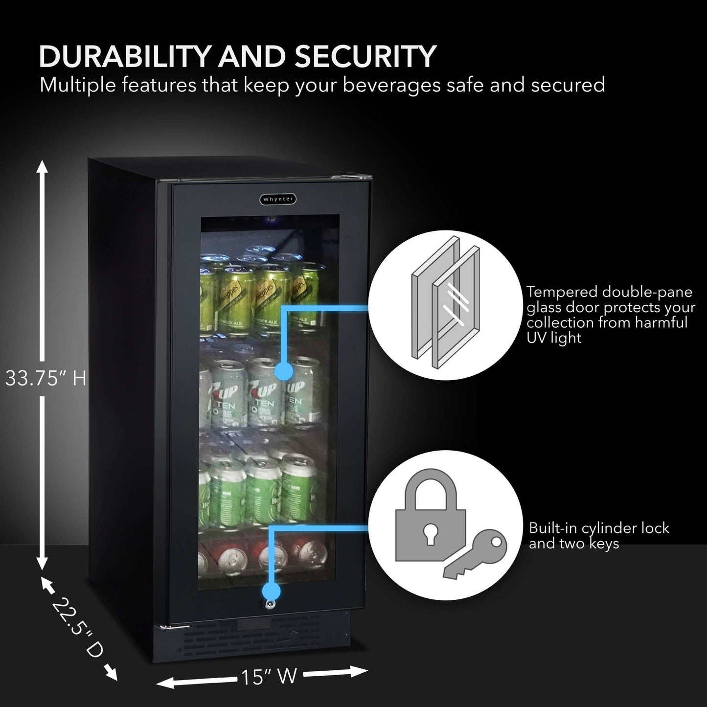 Whynter BBR-801BG 15″ Built-in Black Glass 100-can capacity 3.0 cu ft. Beverage Refrigerator