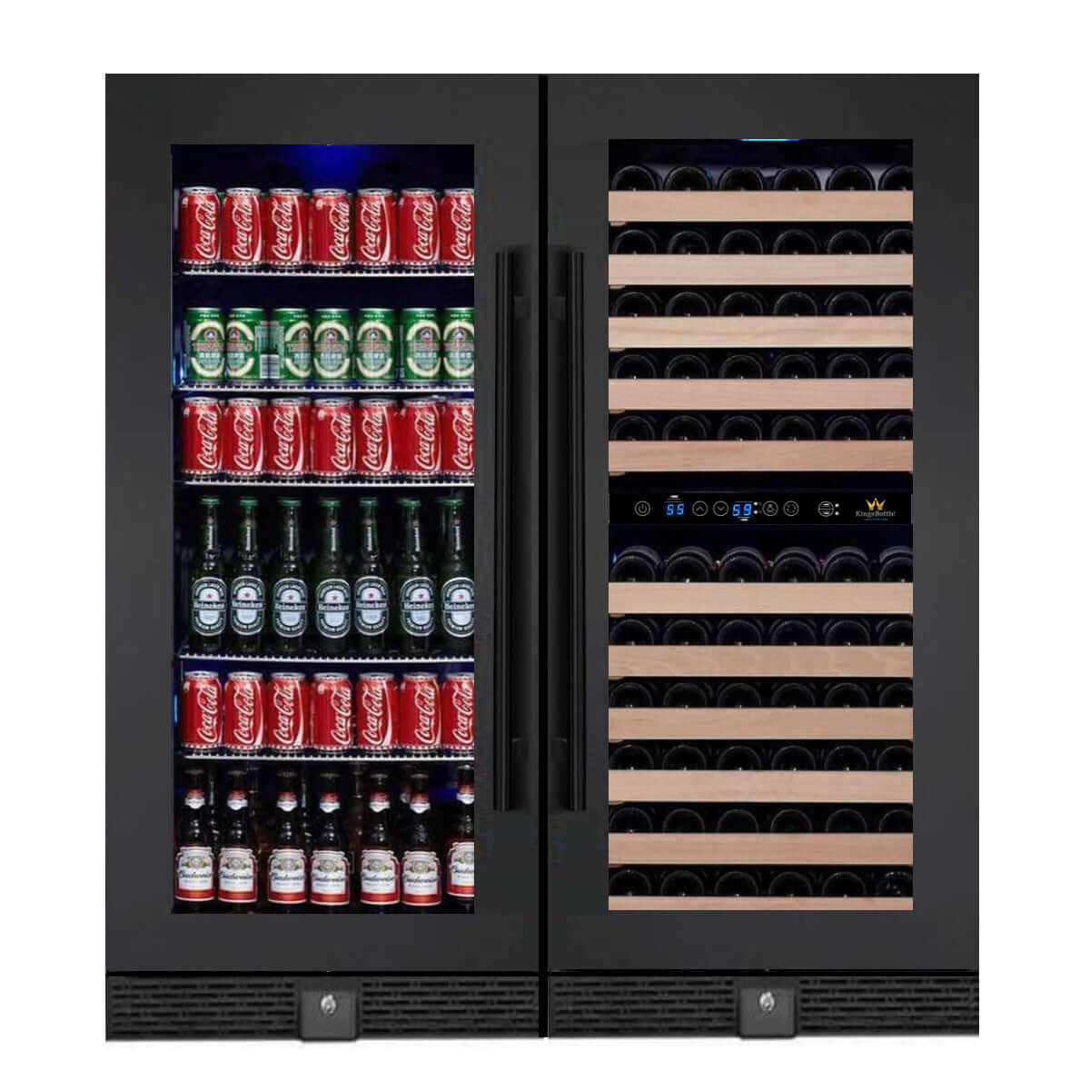 A black refrigerator filled with beer bottles and cans, perfect for storing your favorite beverages.