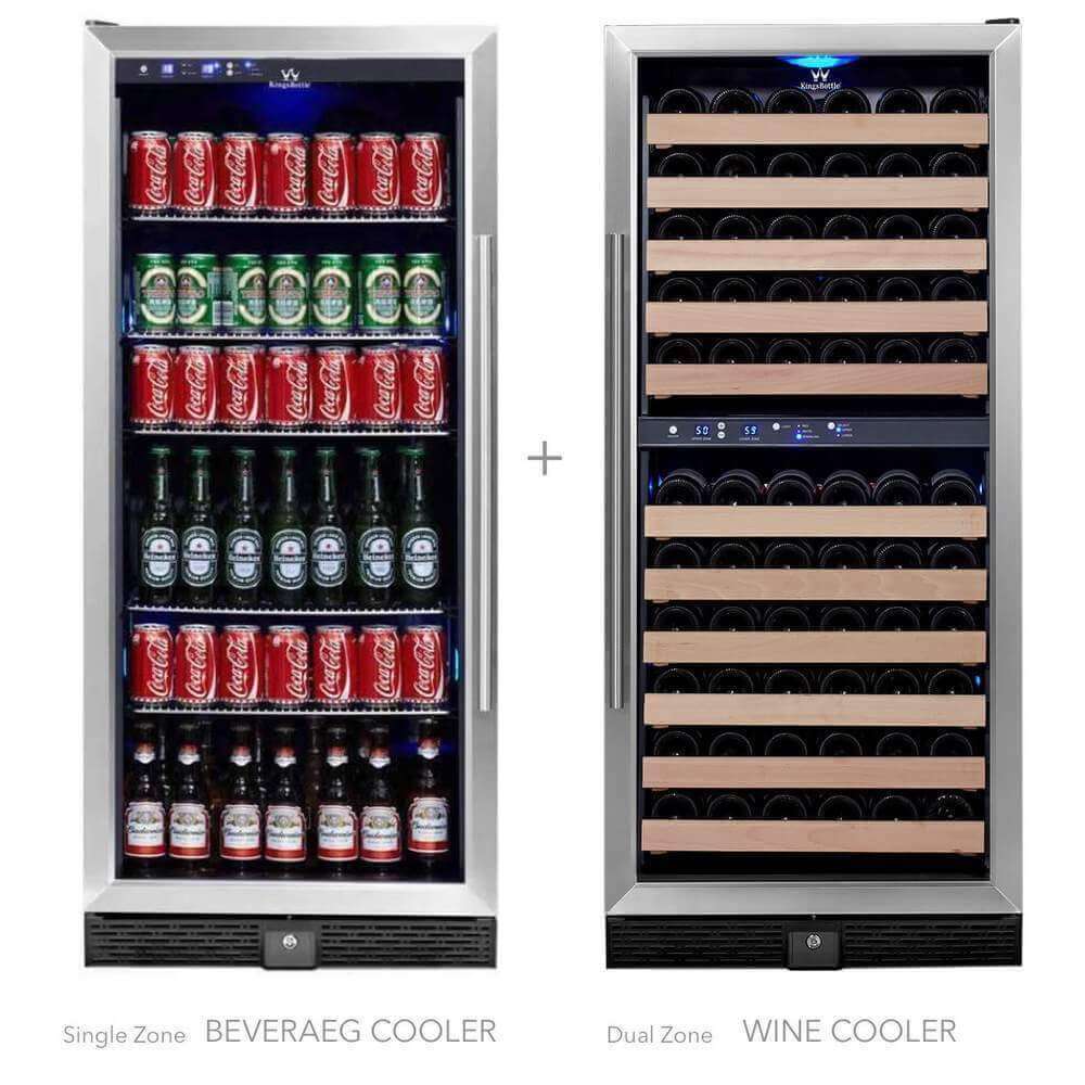 A Kings Bottle 56" Upright Wine & Beverage Fridge Center Cabinet Freestanding with a refrigerator full of cans and bottles.