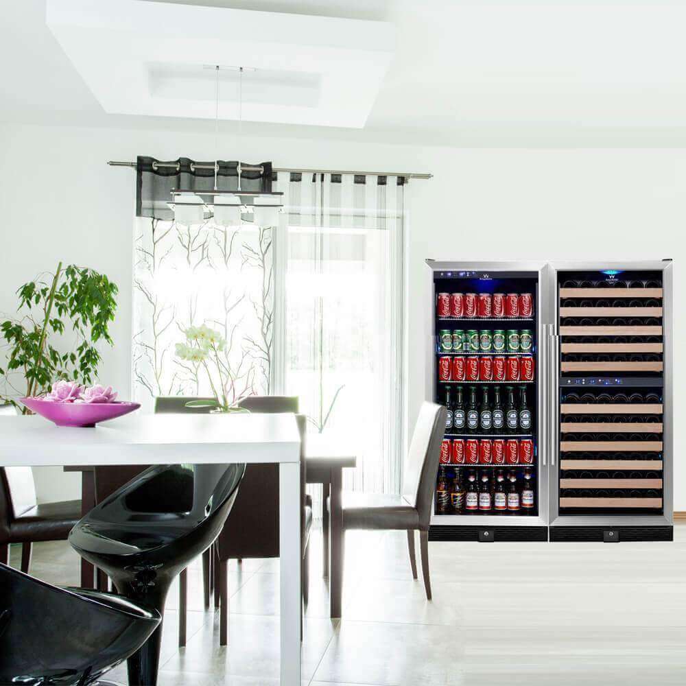 A Kings Bottle 56" Upright Wine & Beverage Fridge Center Cabinet Freestanding with a fridge full of drinks.