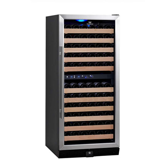 A wine cooler with a shelf of wine bottles, Kings Bottle 100 Bottle Upright Dual Zone Wine Fridge For Home.