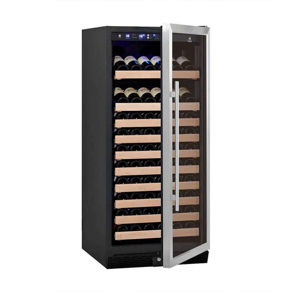 A wine cooler with 100 bottles of wine, hardwood shelves, and blue LED lighting.