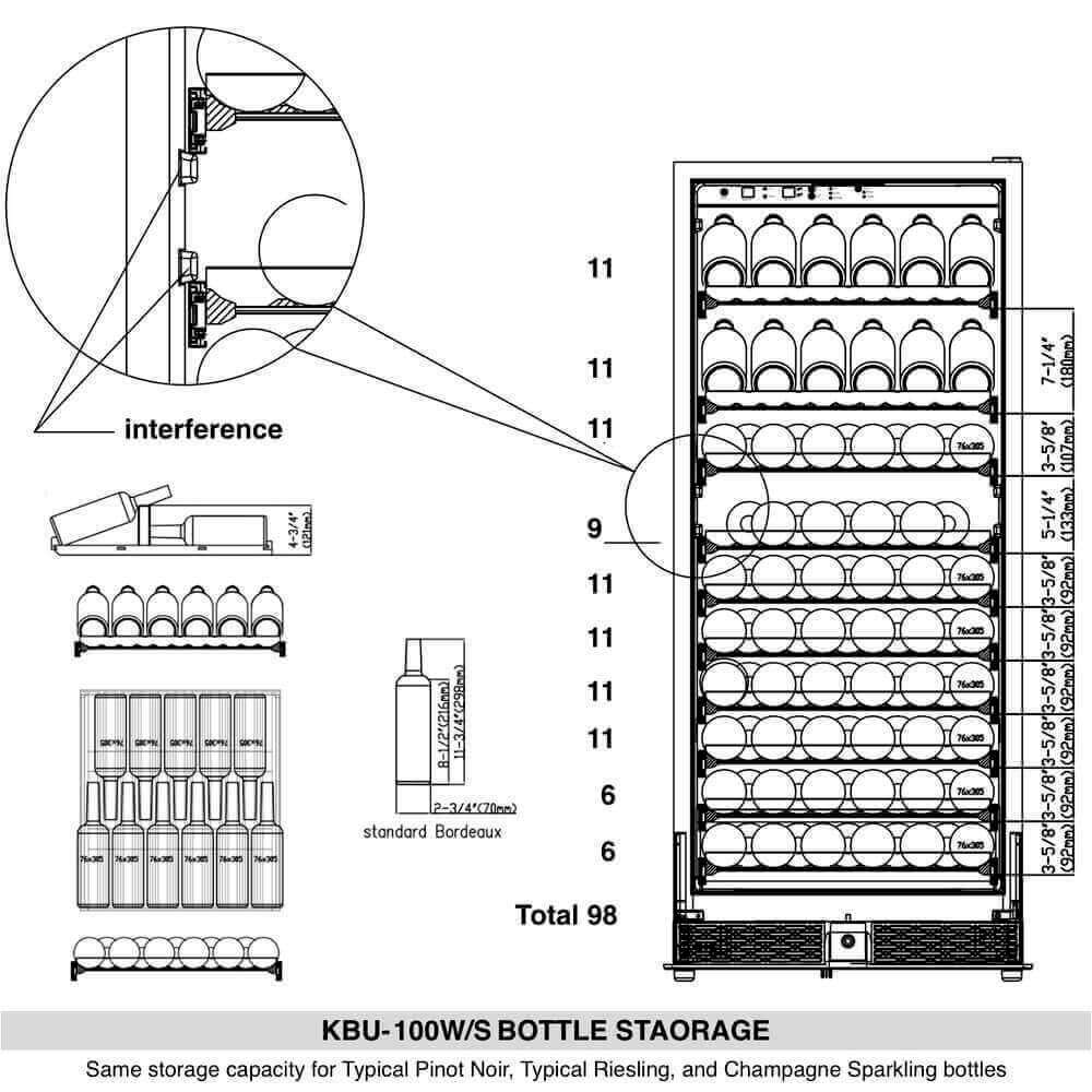 A diagram of a Kings Bottle 100 Bottle Single Zone Kitchen Wine Refrigerator with hardwood shelves, LED lighting, and a reversible tempered safety-glass door.