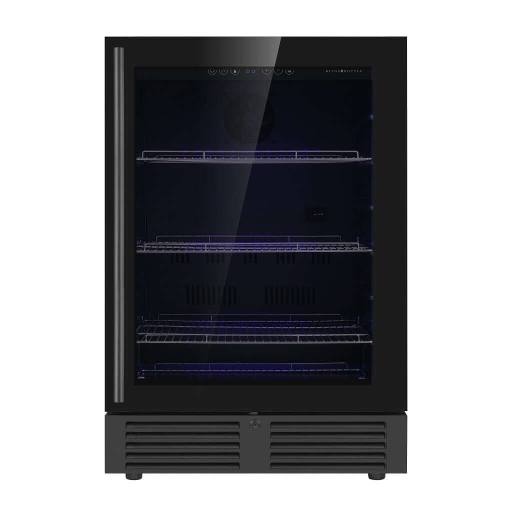 A black refrigerator with a glass door and four chromed steel shelves, ideal for under-counter storage of up to 161 cans of beer or beverages.
