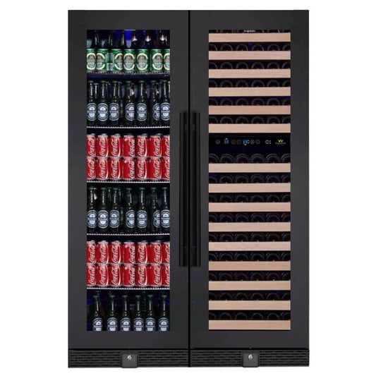 A black refrigerator filled with bottles of beer and cans.