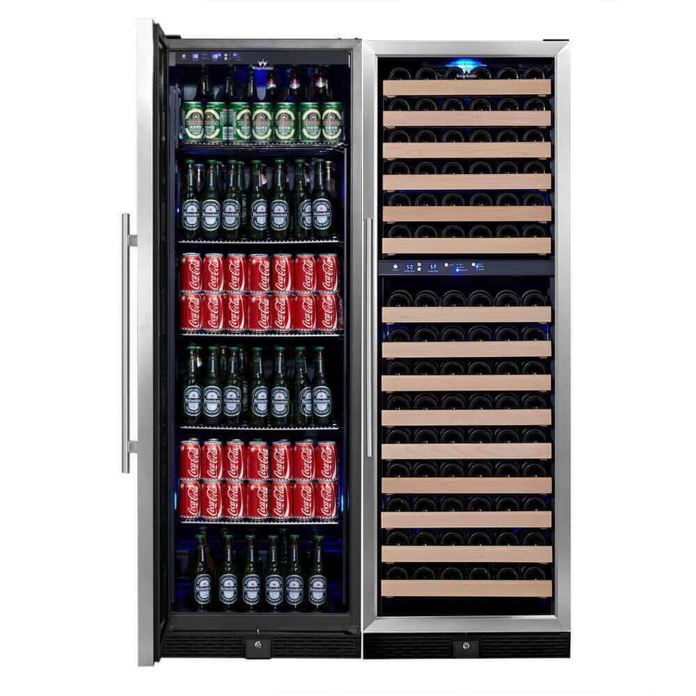 A Kings Bottle 72" Tall Beer & Wine Refrigerator Combo with Glass Door, filled with bottles and cans of various beverages.
