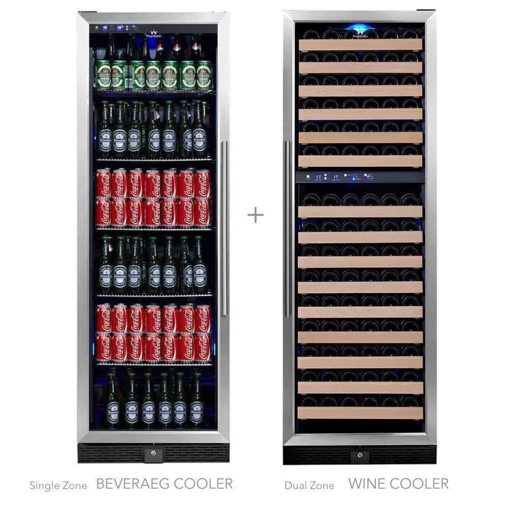 A Kings Bottle 72" Tall Beer & Wine Refrigerator Combo with Glass Door, featuring a cooler with bottles of beer, a beverage cooler, a refrigerator full of soda cans, and a wine cooler with wine bottles.