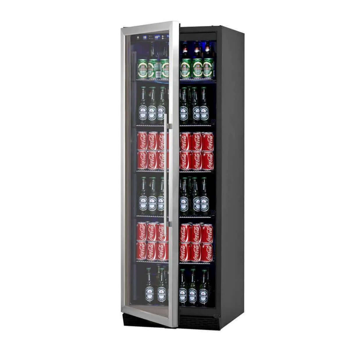 A Kings Bottle 72" Large Beverage Refrigerator with a glass door filled with cans and bottles of beer.