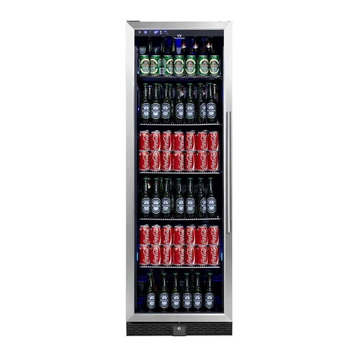 A large beer fridge with a glass door, capable of storing up to 625 cans. Perfect for restaurants, bars, or entertainers.