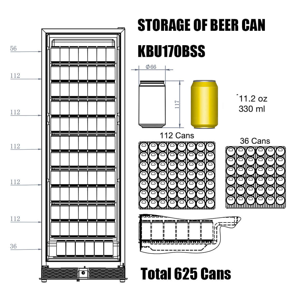 a diagram of a beer can in a large beverage refrigerator with a glass door