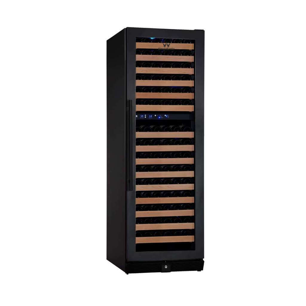 A wine cooler with 164 bottles of wine, beech wood shelves, and a glass door.