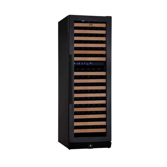 A wine cooler with 164 bottles of wine, beech wood shelves, and a glass door.