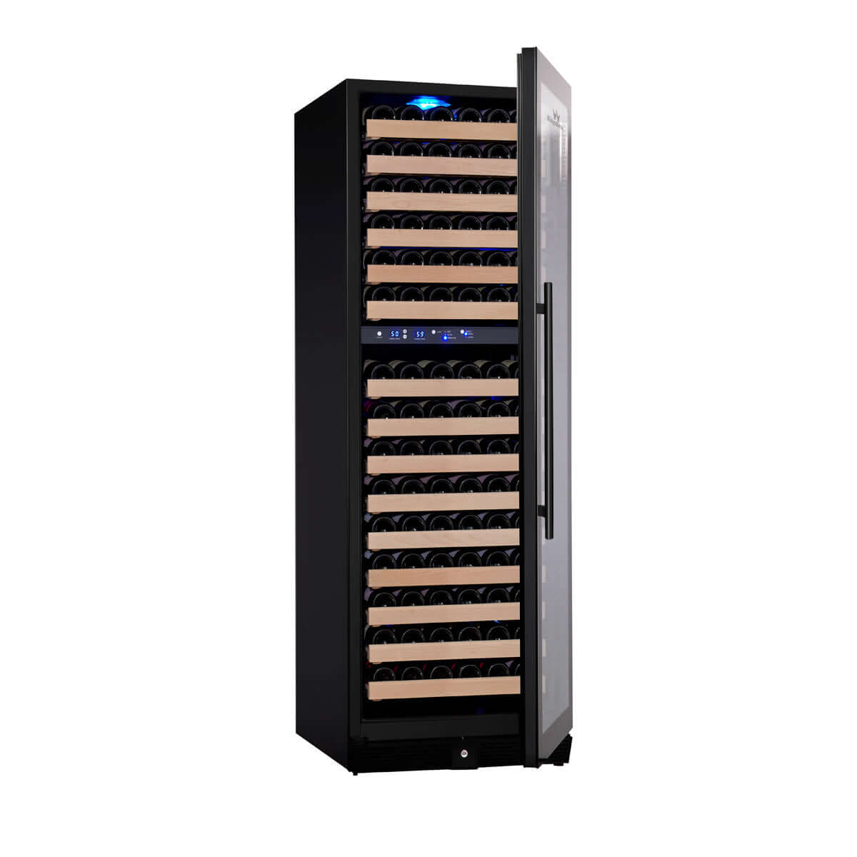 A wine cooler with open door and bottles inside, Kings Bottle Tall Large Wine Refrigerator With Glass Door.