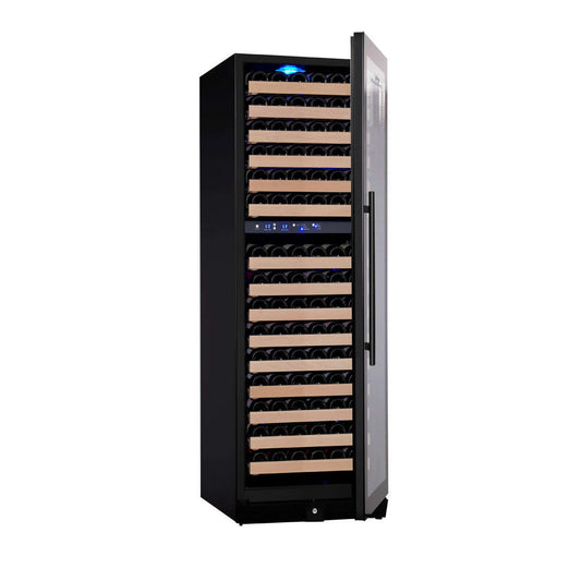 A wine cooler with open door and bottles inside, Kings Bottle Tall Large Wine Refrigerator With Glass Door.