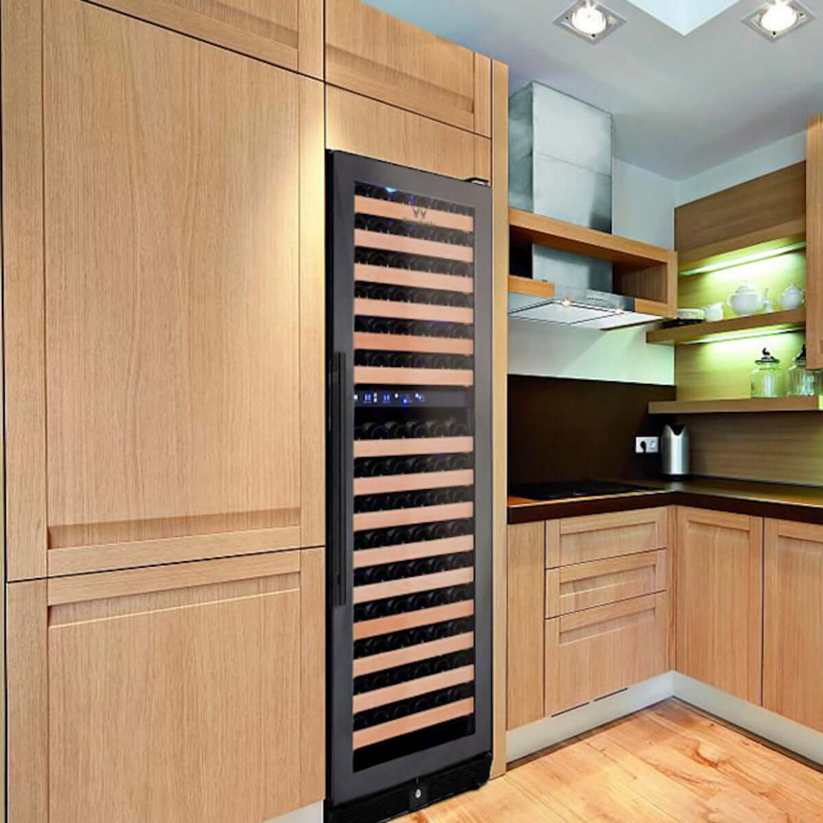 A wine cooler with dual temperature zones and a capacity of 164 bottles. Can be built-in or used freestanding.