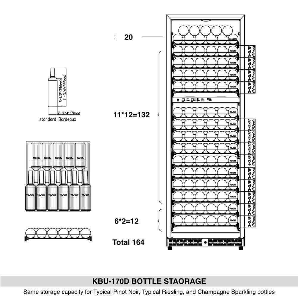 A diagram of a Kings Bottle tall large wine refrigerator with a glass door, featuring a dual temperature design and a capacity of 164 bottles.