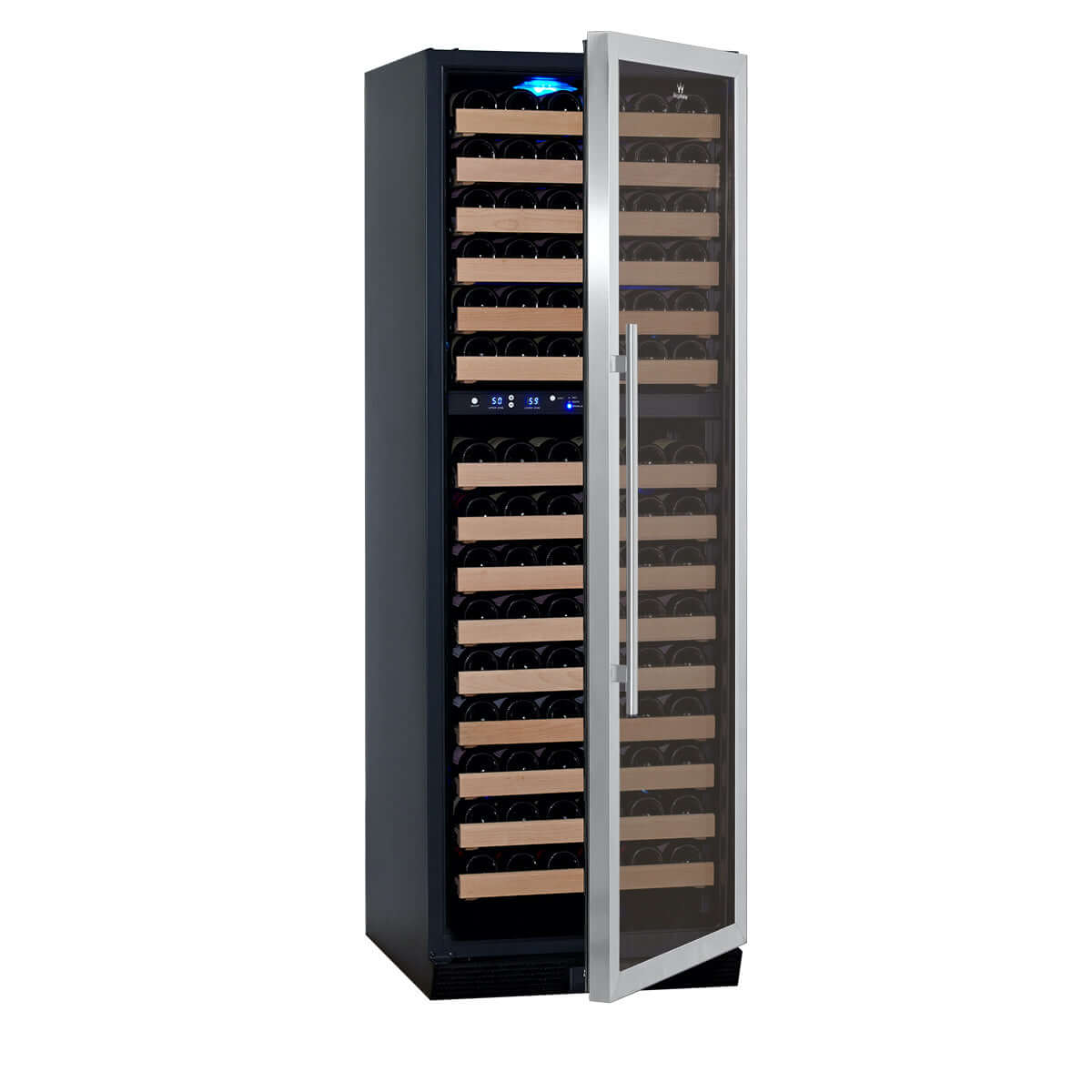 A wine cooler with glass door, 164 bottle capacity, dual temperature zones, and beech wood shelves.