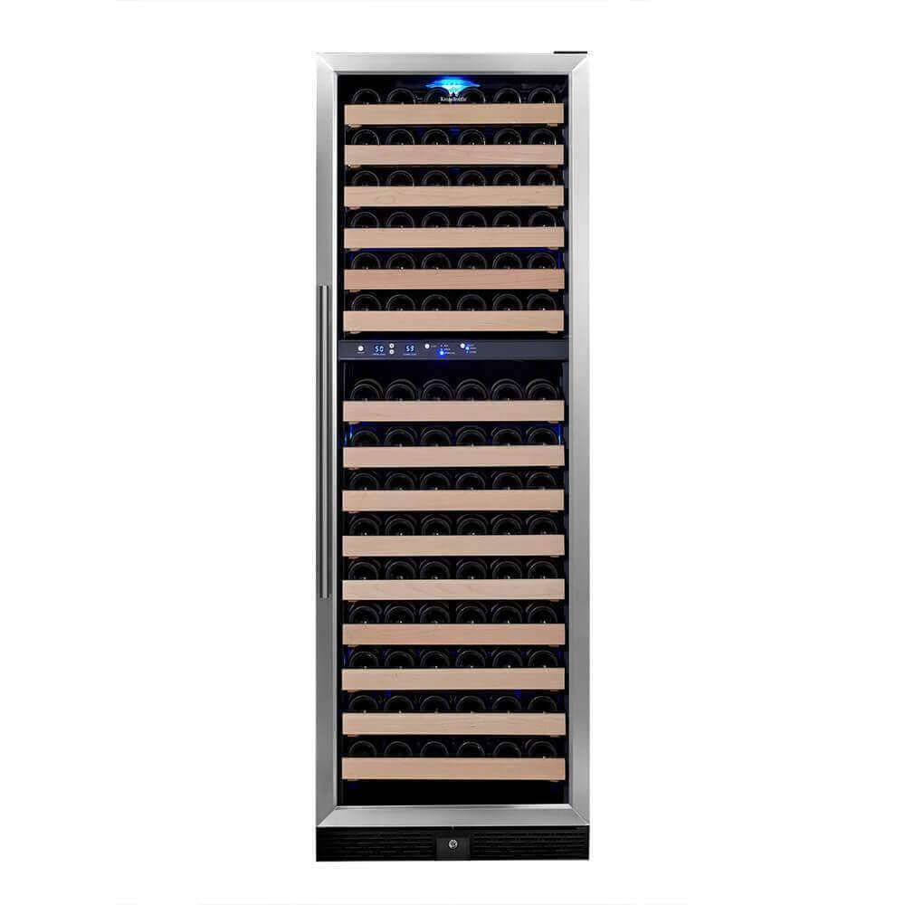 A wine cooler with blue light and wine bottles, Kings Bottle Tall Large Wine Refrigerator Glass Door With Stainless Steel.