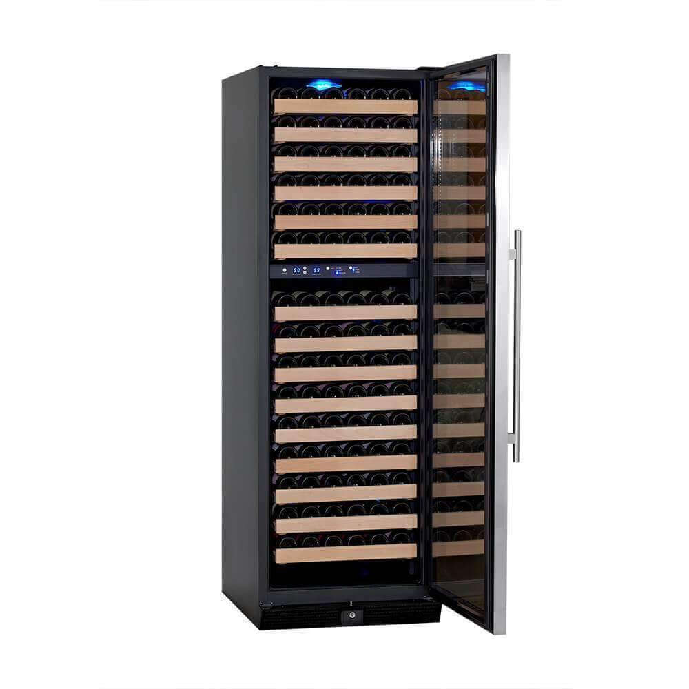 A wine cooler with glass door and wine bottles, Kings Bottle Tall Large Wine Refrigerator Glass Door With Stainless Steel.