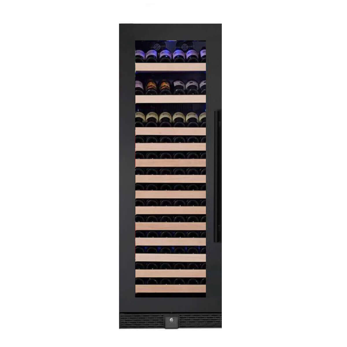 A sleek wine cooler with 166 bottle capacity, stainless steel trim, and display shelves at the top.