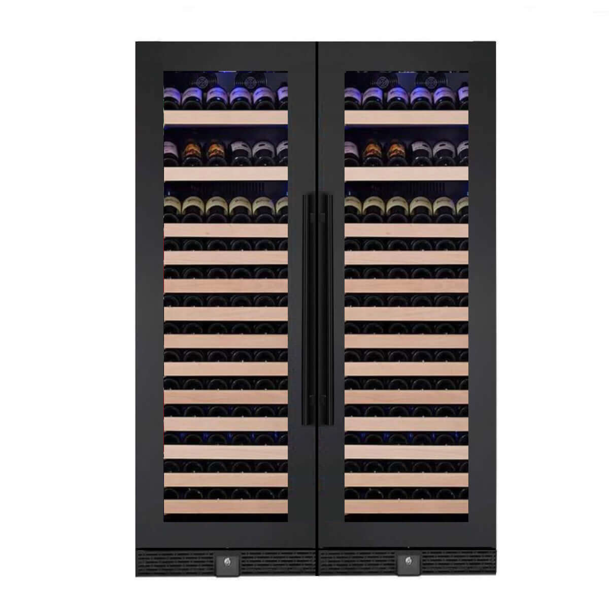 A sleek wine cooler fridge with 166 bottle capacity, stainless steel trim, and optional display shelves.