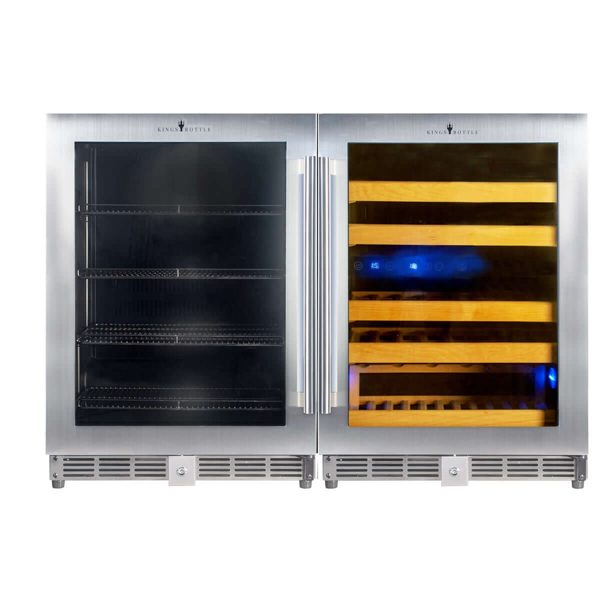 Two refrigerators with shelves, glass doors, and a wine rack, part of the Kings Bottle 48" Glass Door Wine & Beverage Fridge Triple Zone Center Built In.