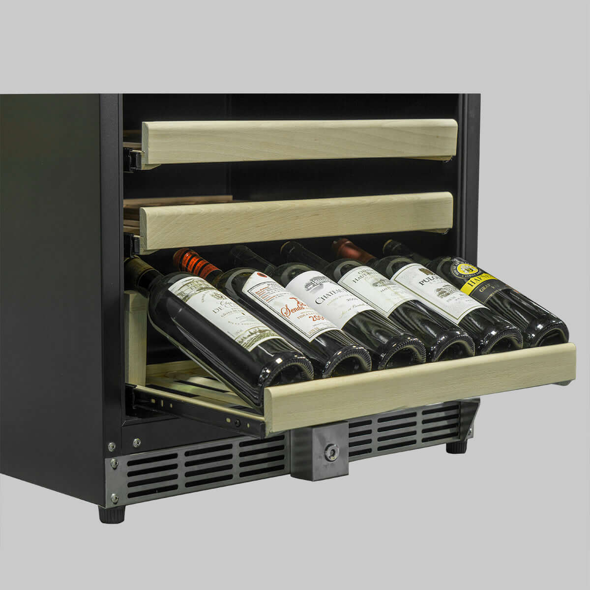 A 3-zone wine cooler and beverage fridge with bottles of wine.