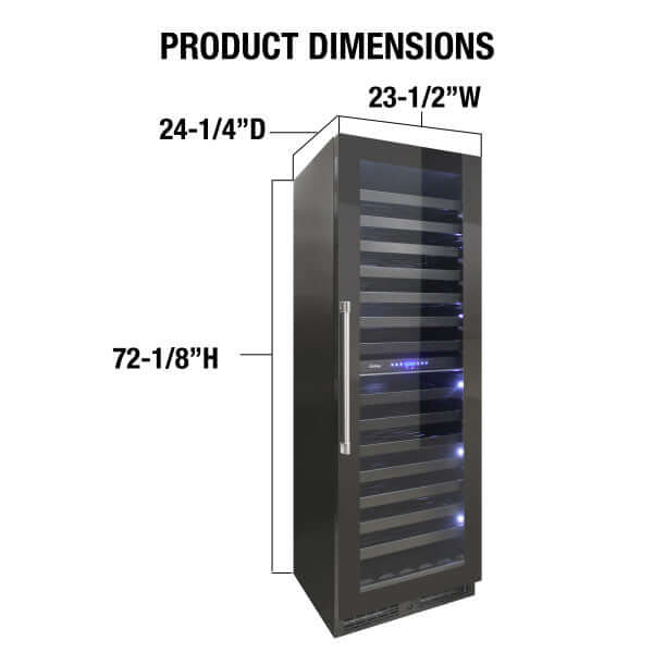 Vinotemp 126 Bottle Private Reserve Series Dual Zone Wine Cooler - front view with dimensions
