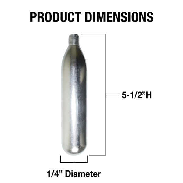Vinotemp 12 Gram Nitrogen Cartridges for Wine Dispenser Pack of 5 - front view with dimensions